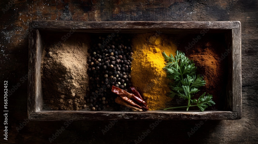 Poster Overhead view of a rustic wooden box filled with colorful spices and herbs on a textured dark surface