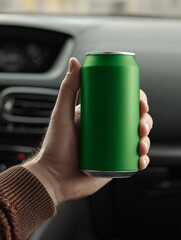 Hand holding green soft drink can mockup inside car