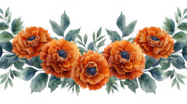 A beautiful watercolor border of vibrant orange peonies and lush green leaves, perfect for spring or summer floral designs isolated on transparent background