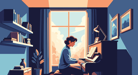Serene Piano Player at Home A Tranquil Moment by the Window, Playing Music in Sunlight