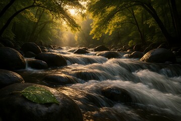 Windows 11 Wallpaper: Forest stream with rushing water flowing over mossy rocks under golden sunlight in peaceful woodland