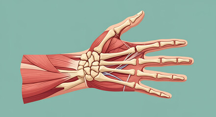Detailed illustration of a human hand, showcasing bones, muscles, and tendons against a teal background, in a medically accurate style.