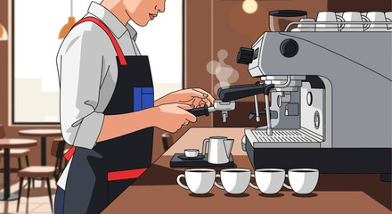 A skilled barista meticulously prepares multiple cups of freshly brewed coffee using a professional espresso machine in a modern and inviting coffee shop, emphasizing quality and service