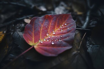 Windows 11 Wallpaper: Single red-brown autumn leaf with dew on dark ground in moody forest lighting and shallow depth of field