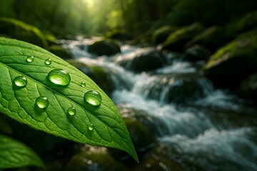 Windows 11 Wallpaper: Close-up of vibrant green leaf covered in raindrops, resting beside small forest stream in fresh natural setting