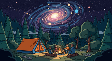 A magical night of camping with friends around a bonfire, gazing at the cosmic spiral galaxy in a peaceful forest setting
