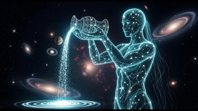 Ethereal glowing female Aquarius water bearer figure pouring celestial light in cosmic universe illustrating astrology and spiritual energy