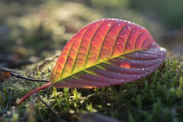 Windows 11 Wallpaper: Macro of reddish-orange leaf glowing in soft light on mossy surface during early morning or golden hour