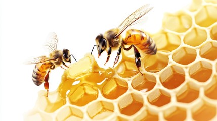 Geometric hexagonal honeycomb pattern with golden honey oozing from cells, realistic honeybee in mid-flight and another perched on comb edge, crisp vector illustration style on pure white background