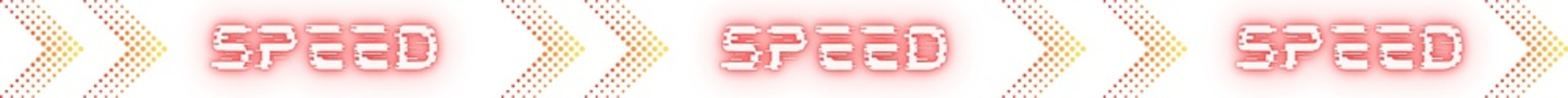 Dotted arrows sign speed sports stripe. Neon shine dotted arrow sign and speed text on white background. Pink colour text, traffic sign, indicator, arrow direction and night view.