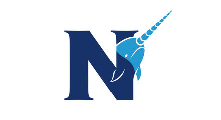 Stylized blue narwhal with a long tusk integrated into a dark blue capital letter N logo. © solikhin