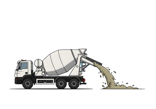 Pixel Art Illustration Of White Concrete Mixer Truck Pouring Gray Concrete