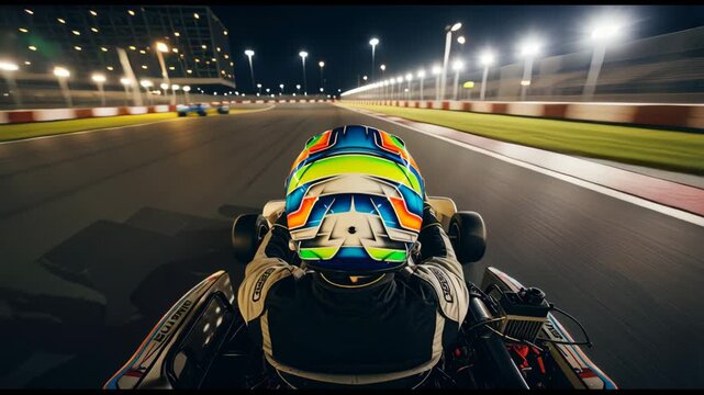 Young person experiencing the thrill of a go-kart race at high speed on an outdoor track during a night event under stadium lights with motion blur
