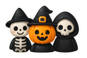 Halloween cartoon pumpkin skeleton reaper trio isolated on transparent background
