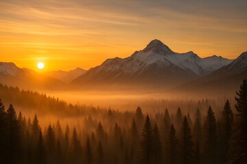 Windows 11 Wallpaper: Golden sunrise over foggy mountain landscape with forest silhouettes and warm morning atmosphere