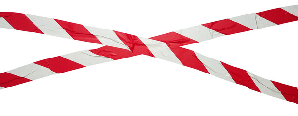 Torn crumpled cross adhesive red and white striped tape, caution tape on transparent background. x sign. 2 piece of cross plastic, glossy shine texture.	