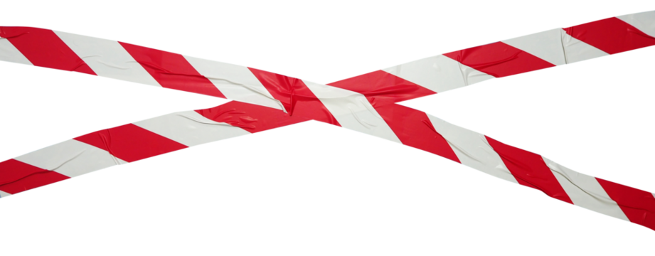 Torn crumpled cross adhesive red and white striped tape, caution tape on transparent background. x sign. 2 piece of cross plastic, glossy shine texture.	