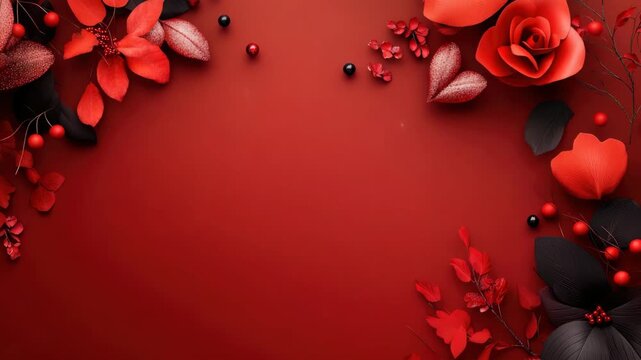 Red roses and berries on a heart-shaped red background with sparkles.