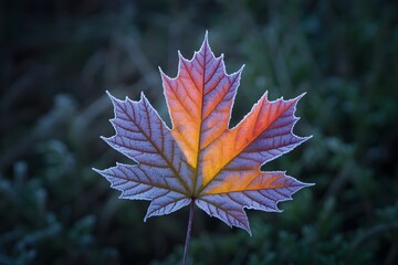 Windows 11 Wallpaper: Colorful leaf with pink and purple hues resting on dark green ground in close-up nature shot with shallow depth of field