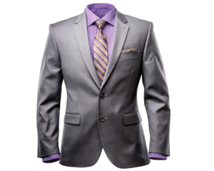 Gray slim fit suit on mannequin with purple checkered dress shirt, striped tie, and pocket square, perfect for business attire or formal event, modern and stylish look