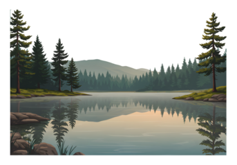 Pixel Art Landscape Of Lake And Forest With Trees And Reflection