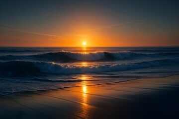 Windows 11 Wallpaper: Golden sunset at sea with gentle waves and warm colors reflecting on the surface in a peaceful evening seascape