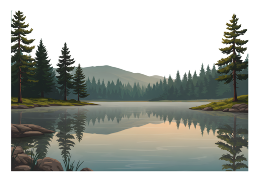 Pixel Art Landscape Of Lake And Forest With Trees And Reflection