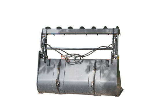 Heavy excavator bucket with hydraulic hoses on transparent background. Industrial equipment for construction and earthmoving.