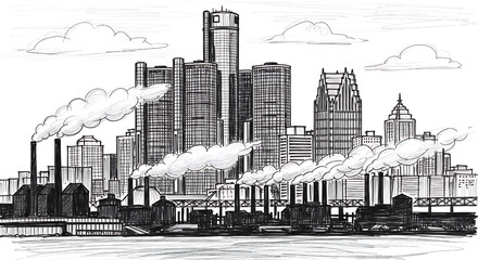 Obraz premium Hand-drawn sketch of the Detroit, Michigan skyline. Detailed black and white vector illustration of the Motor City's industrial architecture.