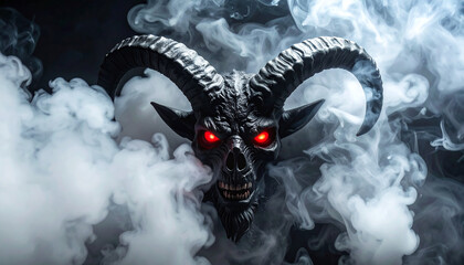 Scary black horned demon emerging from swirling black smoke. Glowing red eyes, horror monster