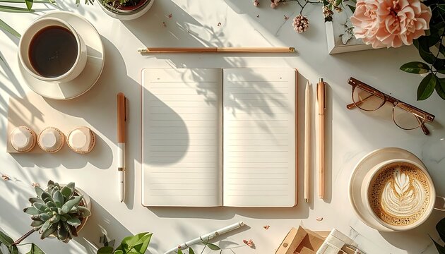 Aesthetic flat lay of a planner and stationery for a productive morning routine with coffee and plants