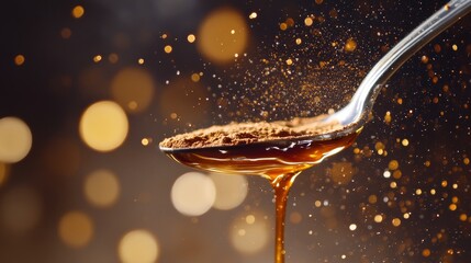 Macro shot of caramel thread connecting spoon to coffee surface, glossy syrup reflection, cinnamon dust particles suspended in air
