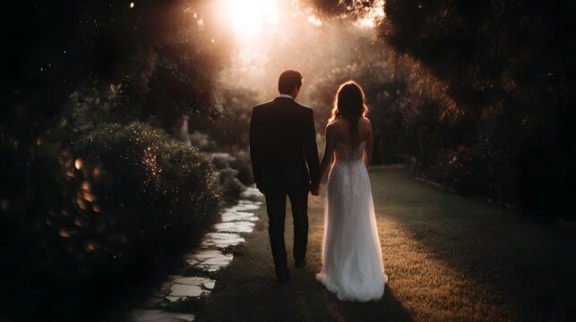 Romantic couple holding hands walking on garden path at sunset in golden hour light