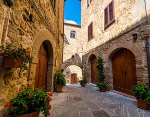 Picturesque Italian alleyway with stone buildings and flowers