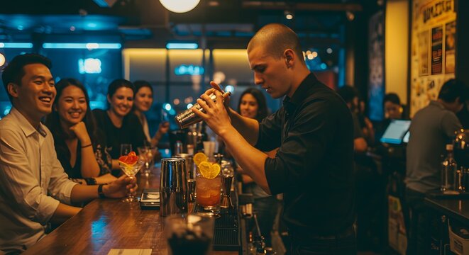 A bartender preparing a cocktail while guests laugh in the background.