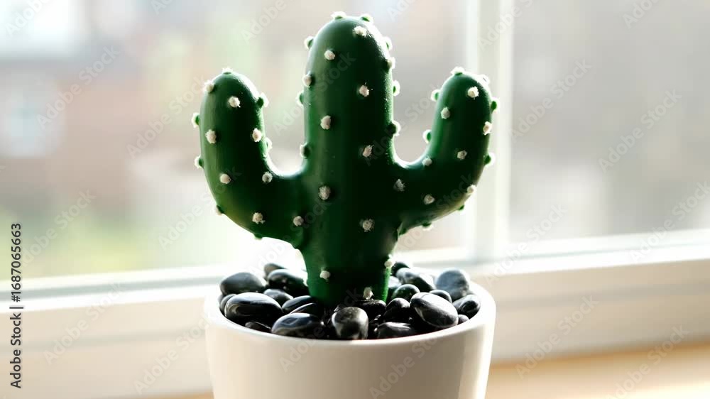 Aufkleber artificial cactus in white pot on windowsill - a close-up shot of an artificial green cactus with sm
