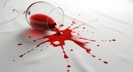 An overturned wine glass with red wine spilling like paint across a white tablecloth.