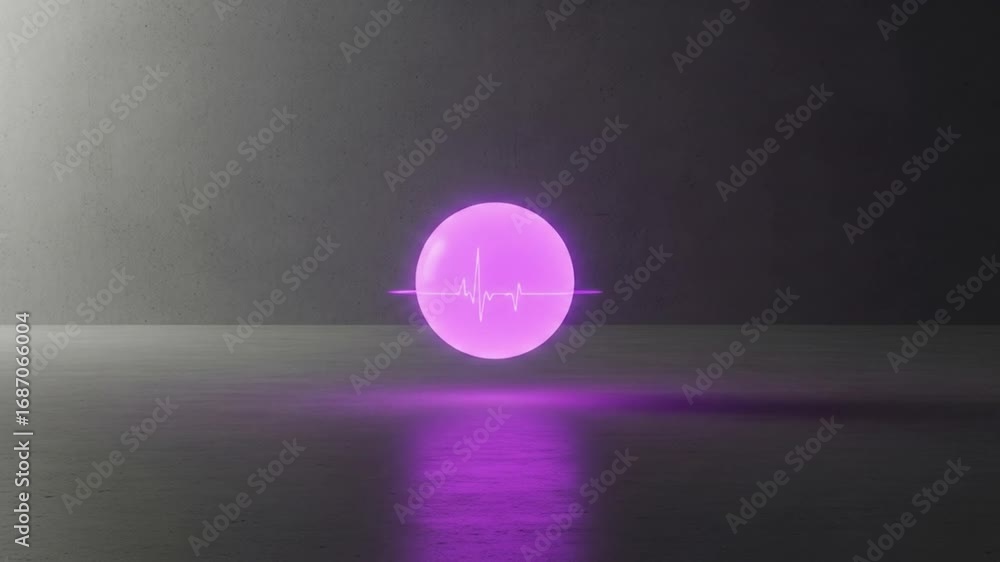 Poster glowing purple sphere hovering above ground casting light in a minimalist studio with concrete wall 