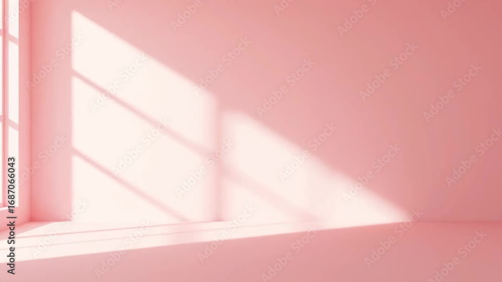 Poster pink room with sunlight streaming through window - an empty pink room is bathed in sunlight streamin