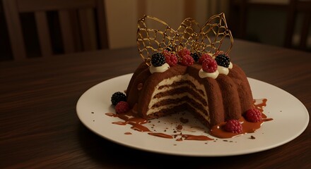 An untouched fancy dessert melting slowly on a plate, abandoned at the table.