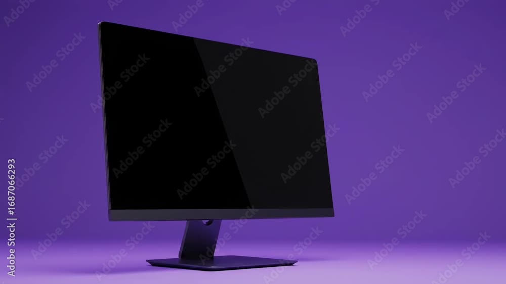 Poster minimalist black computer monitor on purple - a sleek, black computer monitor sits on a solid purple