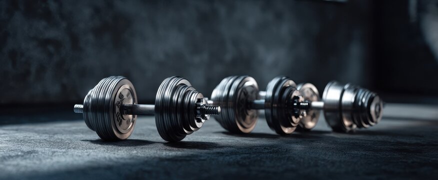 The collection of heavy dumbbells resting on gym floor in sunlight.