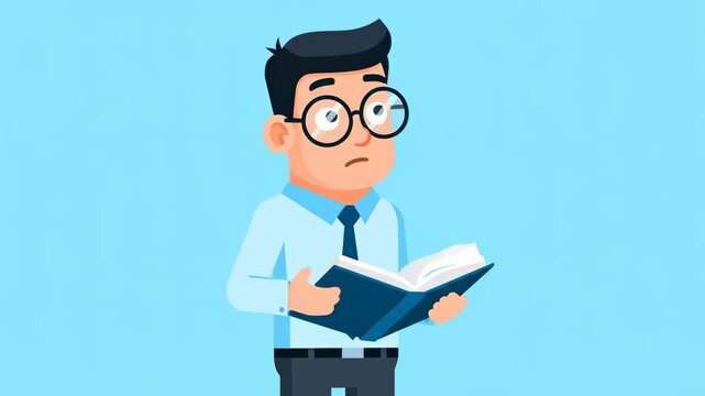 Concentrated Businessman Reading Book - A cartoon businessman wearing glasses is carefully reading a book. He has a serious expression on his face, showing his concentration on the reading material.