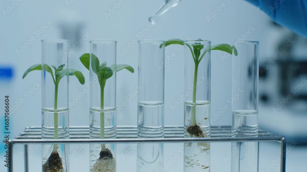 Poster plant growth research in lab - close-up view of a scientist's hand using a pipette to add liquid to 