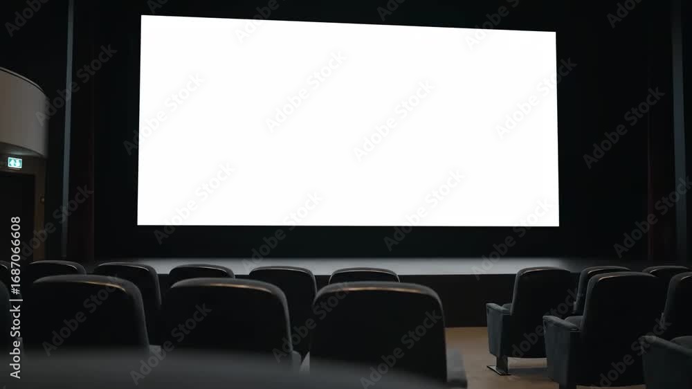 Poster empty movie theater with blank screen - rows of empty dark-colored seats face a large, blank movie s