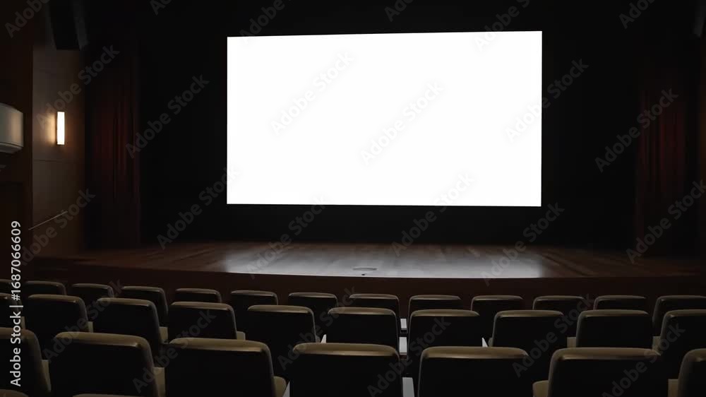 Poster empty movie theater with blank screen - rows of empty seats face a large, blank movie screen in a da