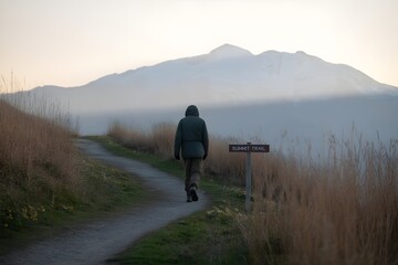 Windows 11 Wallpaper: Lone traveler walking along grassy path in misty valley with mountain backdrop and soft morning light