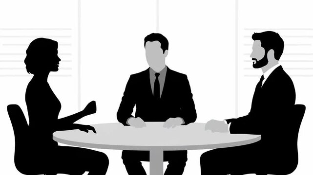 Business Colleagues Meeting Silhouette - A silhouette vector illustration of three business professionals seated around a round table, engaged in a meeting.
