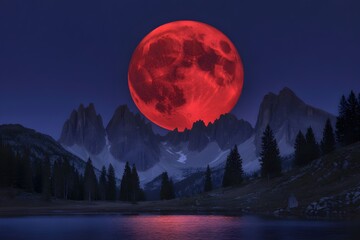 Windows 11 Wallpaper: Red full moon rising over forest and mountain lake during night, reflected in still water with celestial atmosphere