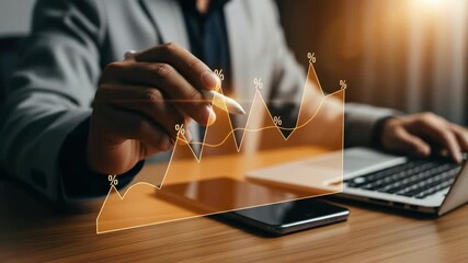 A businessman suit using laptop and smartphone for digital finance analysis, examining growth chart with percentage symbols, leveraging technology and innovation modern office, strategy planning - Powered by Adobe